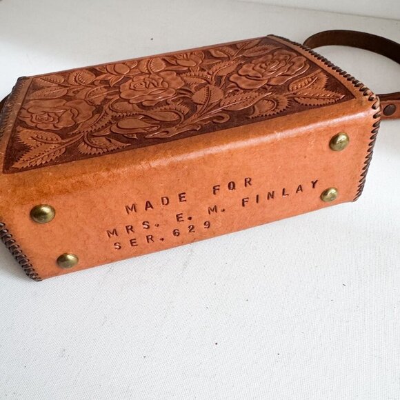 Vintage Leather Hand Tooled Floral Leaf Print Custom Made Structure Shoulder Bag - Picture 10 of 11